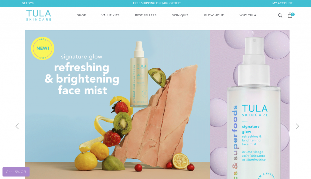 Screenshot of TULA Skincare's website homepage