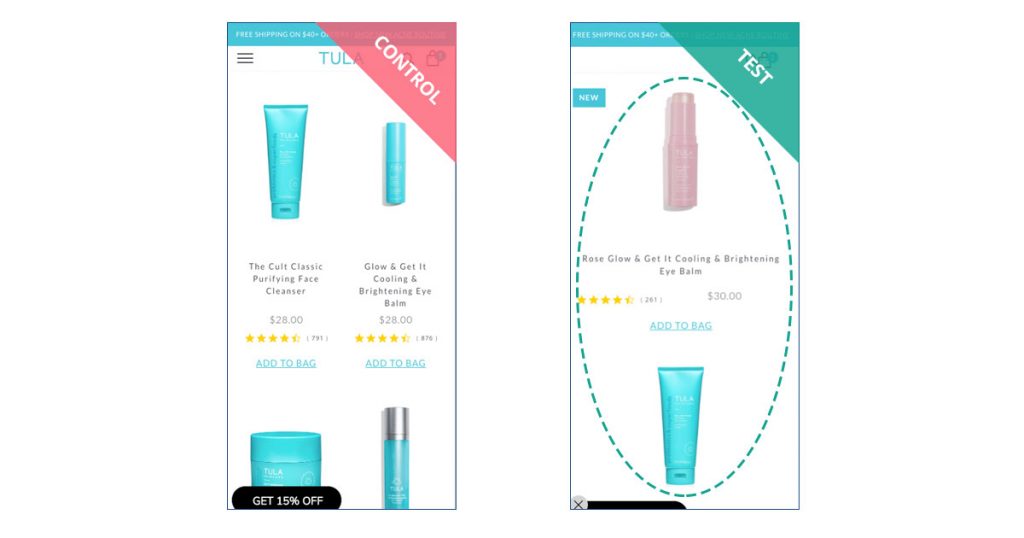 TULA Skincare product listing page experiments