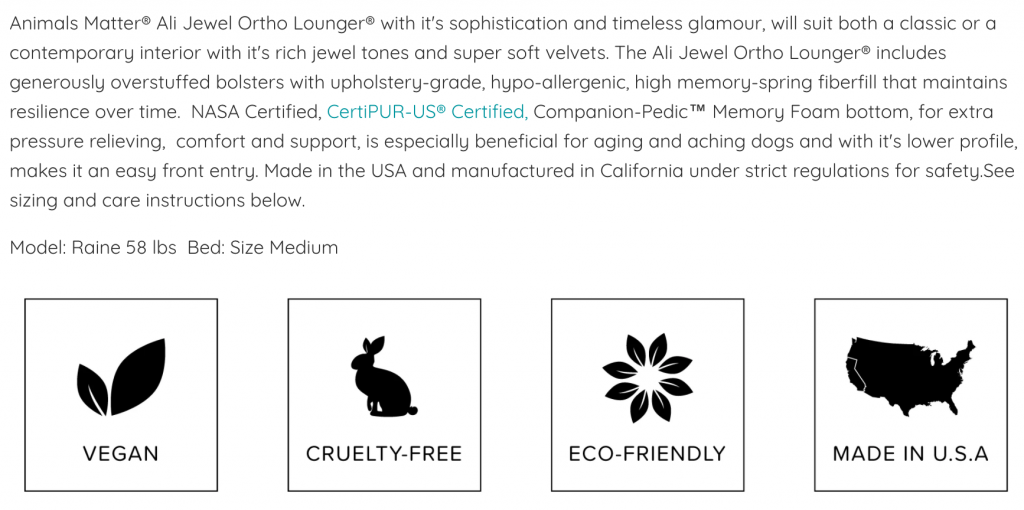 Animals Matter product description page example with text and icons