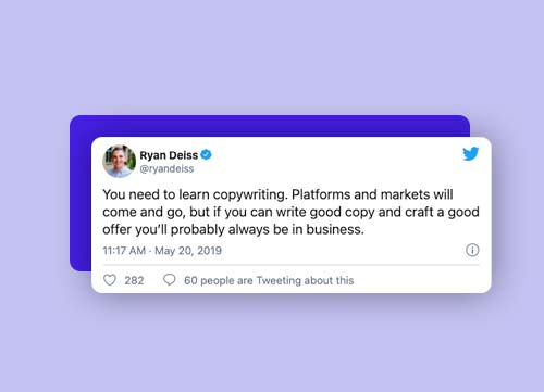 Image of a Tweet by Ryan Deiss about importance of copywriting