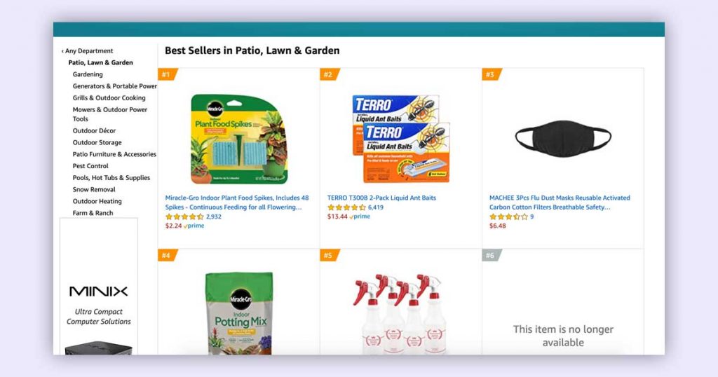 Example of best selling product recommendations on Amazon