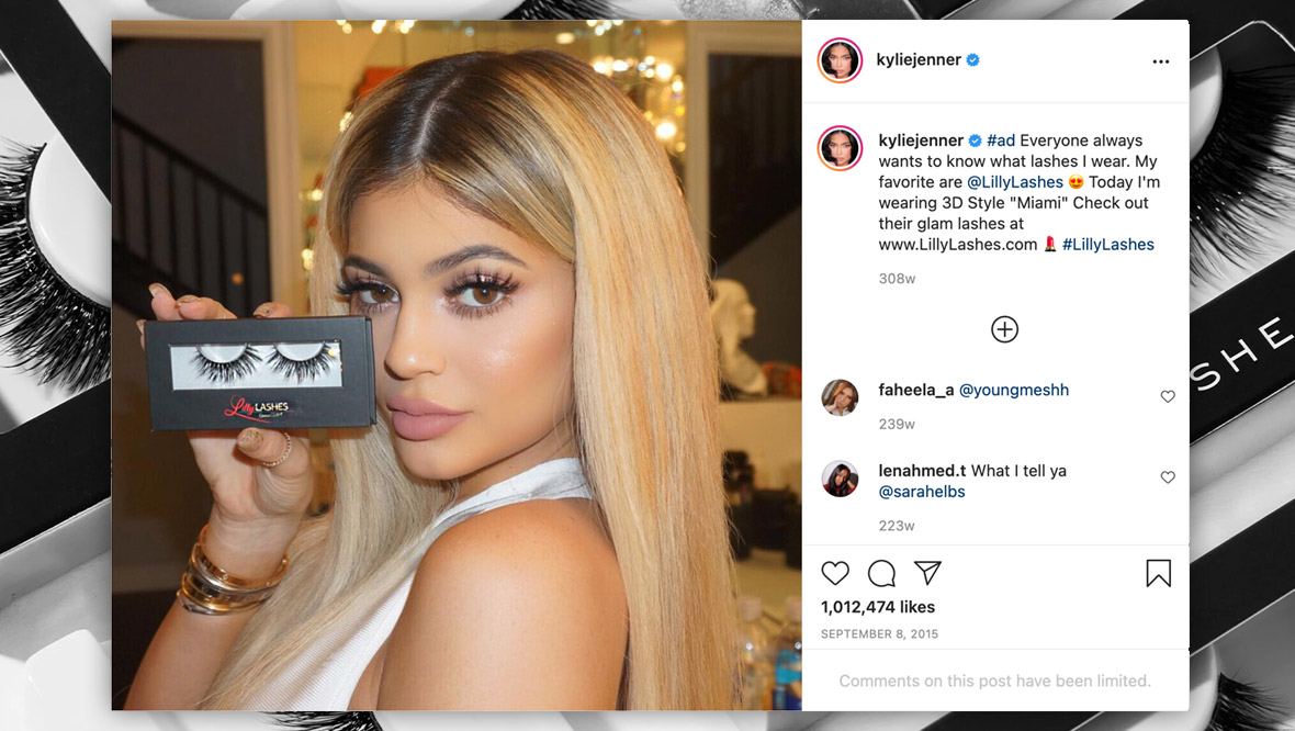 Photo of Kylie Jenner promoting Lilly Lashes' products